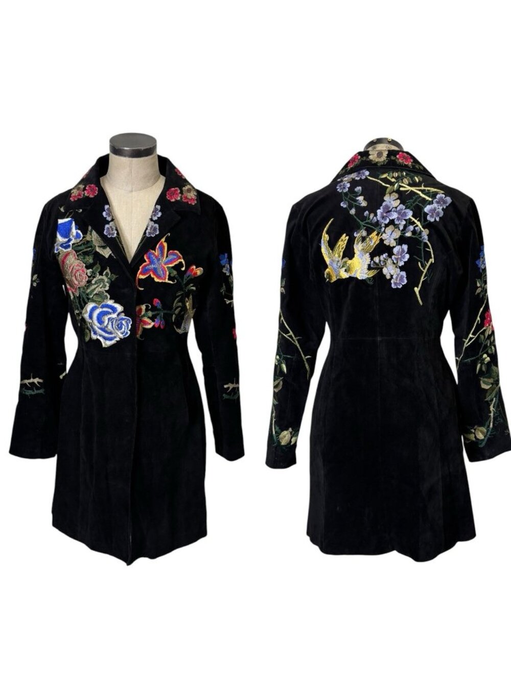 Vintage Boston Proper Floral Embroidered Suede Boho Jacket Coat 6 Black Bird